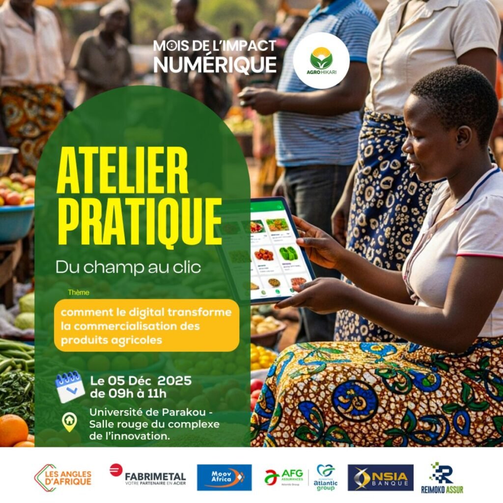 Une femme utilise une tablette montrant des produits agricoles au marché.