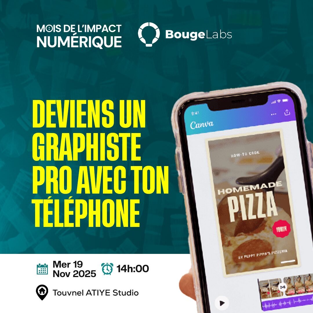 Main tenant un smartphone affichant l'application Canva avec un design de pizza.