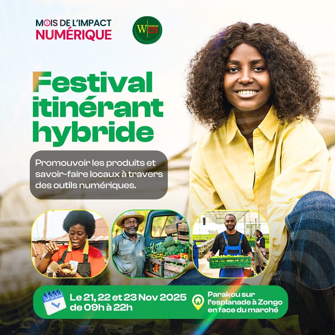 Jeune femme en chemise jaune entourée de photos de producteurs agricoles.