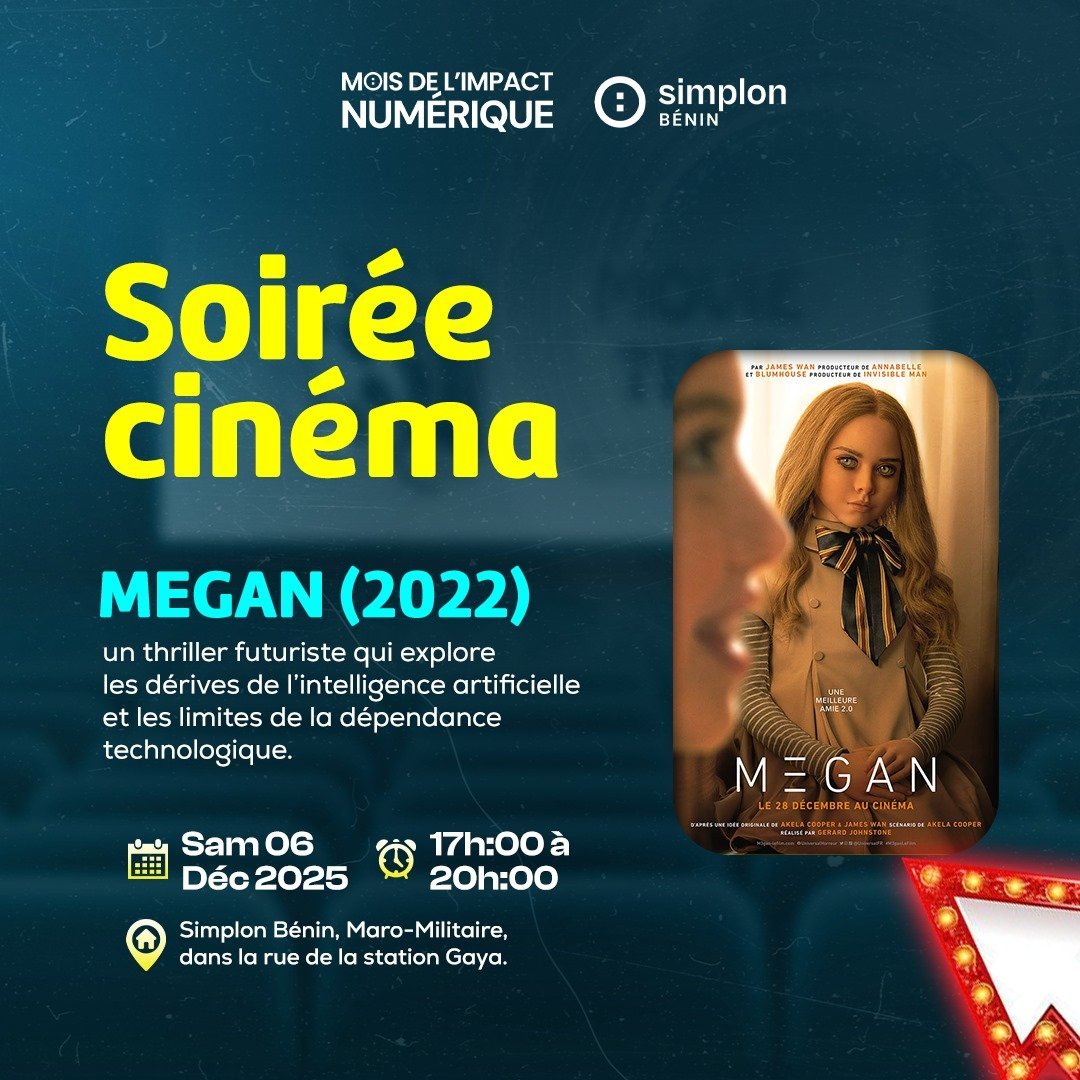 Affiche du film M3GAN montrant la poupée robotique, à côté d'une salle de cinéma.