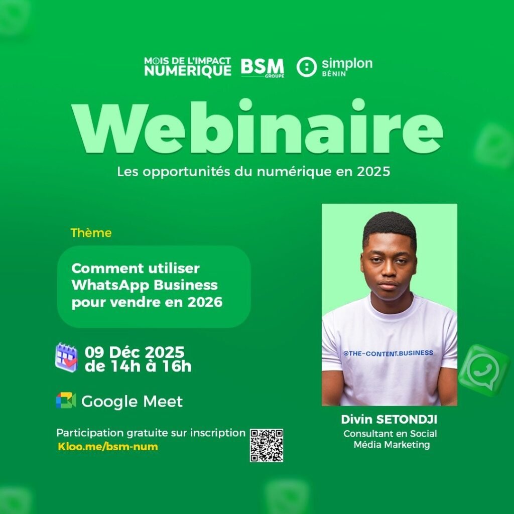 Portrait de Divin Setondji en t-shirt blanc, fond vert avec logo WhatsApp.